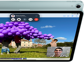 iPad Air, with 12MP Center Stage camera showing a user on FaceTime, in front of another iPad Air model showing the back exterior and camera