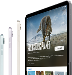 Side view of three iPad Air models, a fourth iPad Air model is showing Apple TV+ show Silo